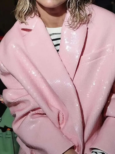 DEAT Fashion Women's Blazer Notched Collar Double Breasted Sequins Full Sleeves Pink Suit Jackets Autumn 2025 New Tide 7AB643