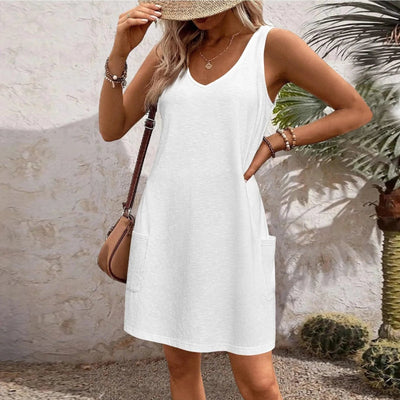 Womens Summer Dresses Plain Loose V Neck Sleeveless Sundresses Swimsuit Coverup With Pockets Vestidos Para Mujer платье женское