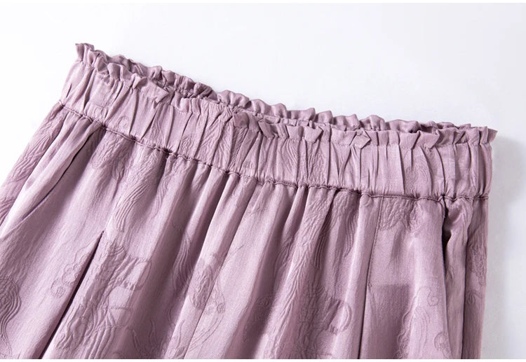2025 Women's Fashion Spring New 100% Natural Mulberry Silk GuanLe Satin Fragrant Taro Purple High Waist Casual Wide Leg Pants