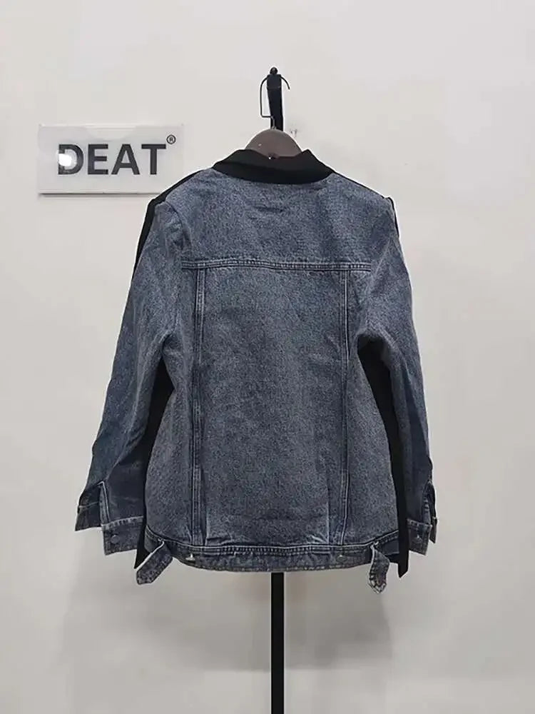 DEAT Women's Blazer Notched Collar Patchwork Denim Long Sleeve Khaki Long Sleeve Suit Coat  2024 Summer New Fashion  29L1530
