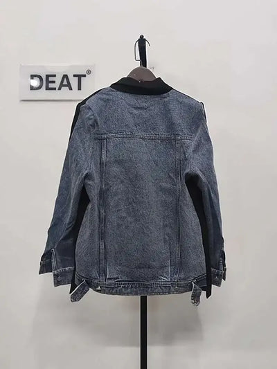 DEAT Women's Blazer Notched Collar Patchwork Denim Long Sleeve Khaki Long Sleeve Suit Coat  2024 Summer New Fashion  29L1530