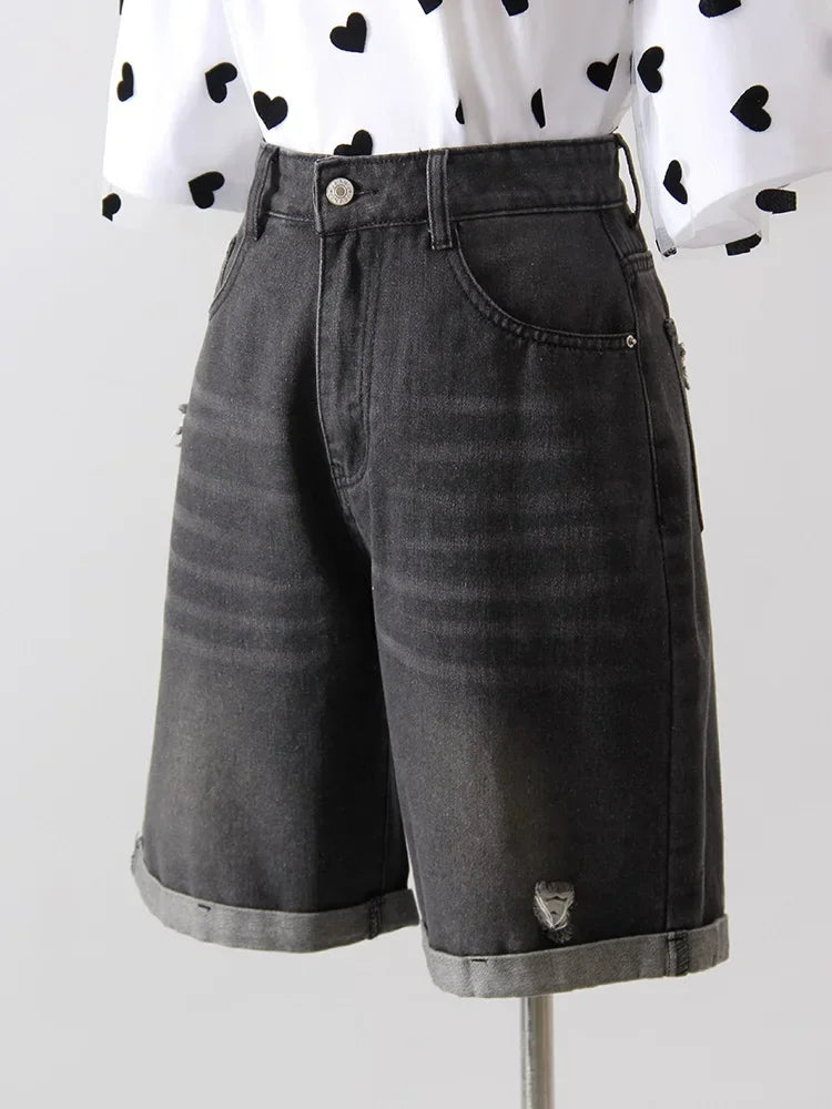 Women Denim Shorts Ripped Wide Leg Black High Waist Short Jeans Straight Leg Blue Denim Shorts For Women Summer Jean Shorts