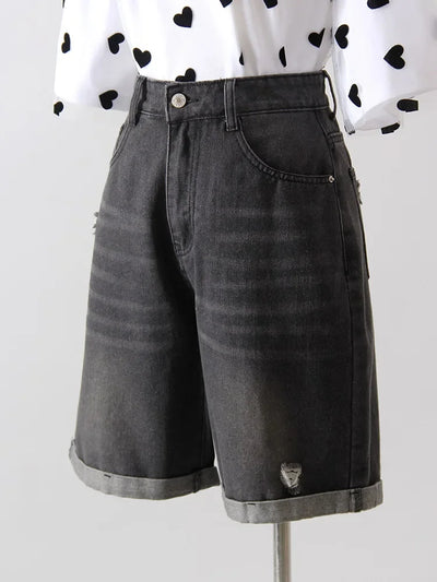Women Denim Shorts Ripped Wide Leg Black High Waist Short Jeans Straight Leg Blue Denim Shorts For Women Summer Jean Shorts