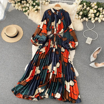 Retro Print Elegant Pleated Lace-up Chiffon Long Sleeve Dress A-line Blouse French Casual V-neck High Waist Women Summer Dresses