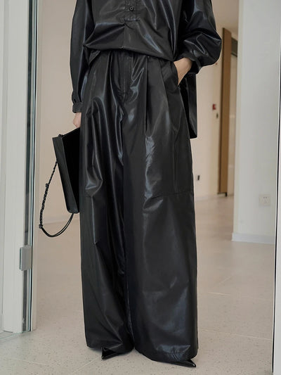 High Waist Black Glossy Casual Long Wide Leg Pants New Loose Fit Trousers Women Fashion Tide Spring Autumn 2025