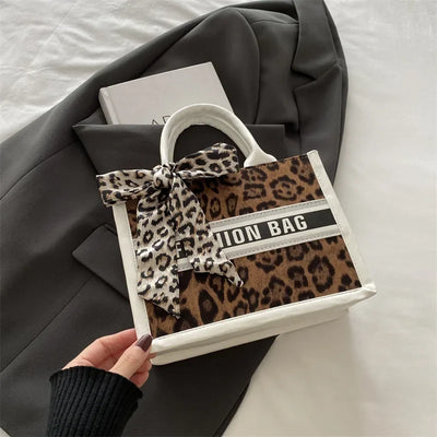 Fashion Leopard Print Top-handle Bags For Women, Bow Ribbon Decoration Designer Handbags Ladies Casual Tote