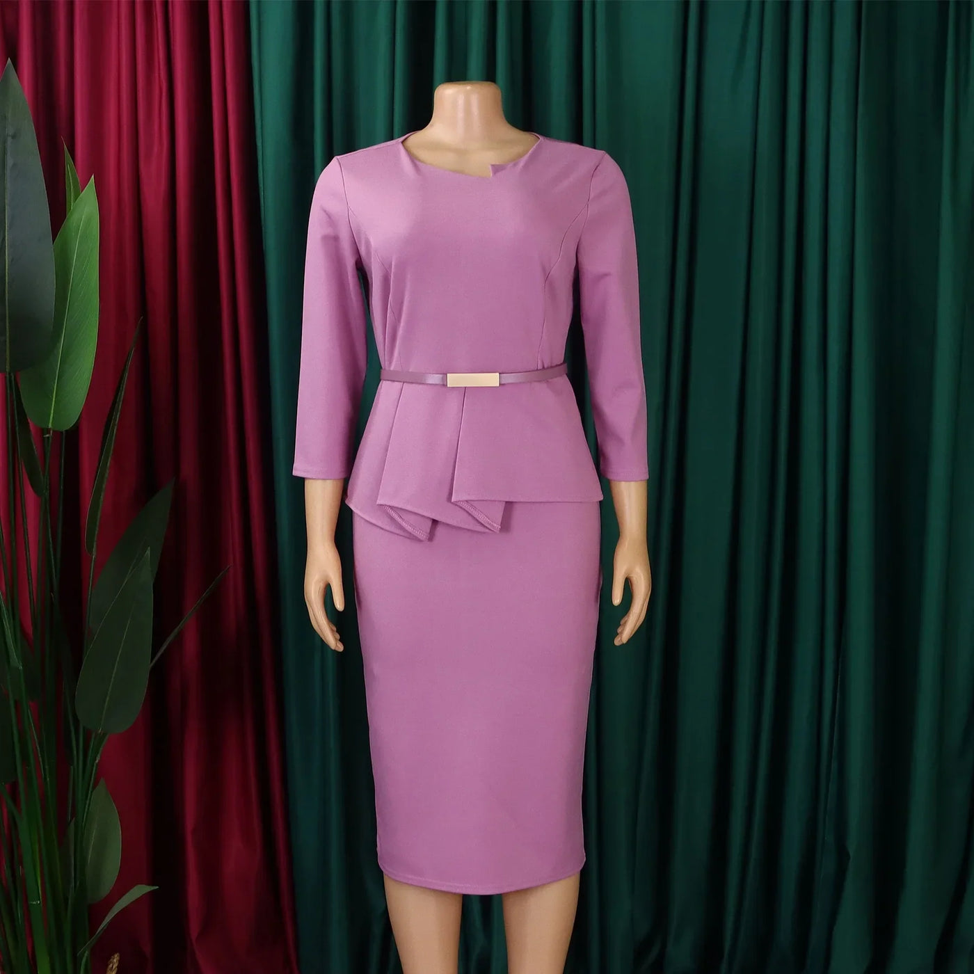 Dress Office Wear for Women Professional Skew Collar Three Quarter Sleeve Belt Waisted Sheath Package Hips Mid Calf Formal Dress