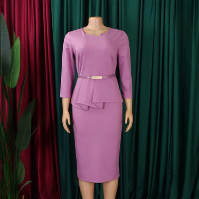 Dress Office Wear for Women Professional Skew Collar Three Quarter Sleeve Belt Waisted Sheath Package Hips Mid Calf Formal Dress