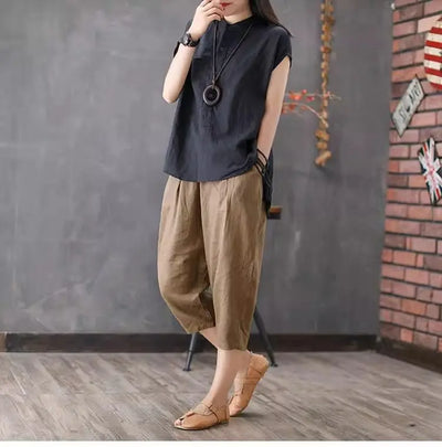 Artistic Style Cotton Linen Short Sleeves Shirt for Women Summer Solid Loose Stand Collar Temperament Top Fashion Women Clothing