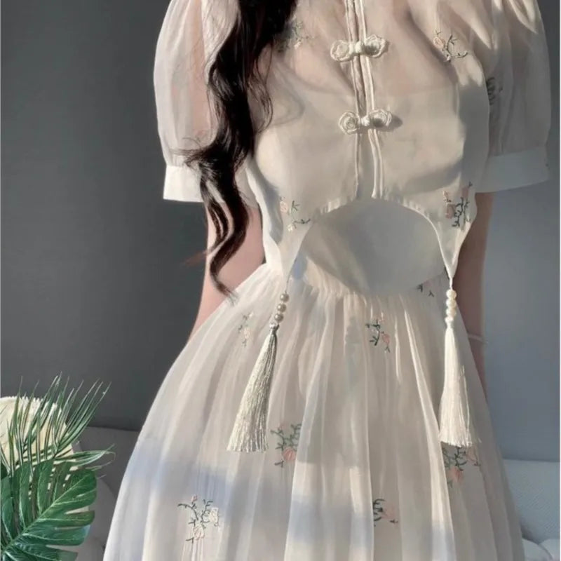 Dress Sets Summer Women Chinese Style Floral Hight Waist Mesh Midi Dresses Elegant Casual Gentle Wind Female Dress Vestidos