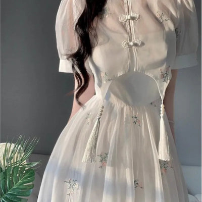 Dress Sets Summer Women Chinese Style Floral Hight Waist Mesh Midi Dresses Elegant Casual Gentle Wind Female Dress Vestidos