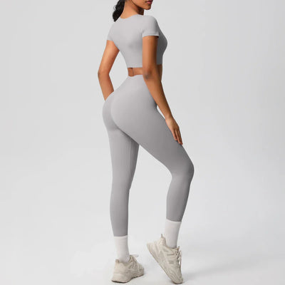 Yoga Set 2 Pieces Women Tracksuits Workout Sportswear Gym Clothing Fitness Short Sleeve With Padded High Waist Leggings Suits