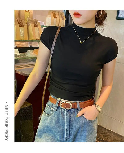 Crew Neck Fashion Women T Shirt Street Casual Knitted T-Shirt Solid Top Tees Sexy Slim Summer Short Sleeve Women's Clothing