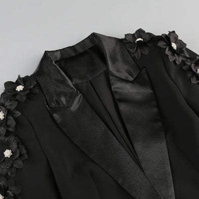 Elegant Women's Black Blazer Suit with 3D Floral Sleeve Embellishments Satin Lapel Slim Fit Two-Piece Set for Formal Party Wear