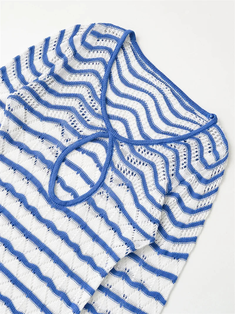 Women's dress 2025 summer new style  blue and white color-blocked striped long-sleeve mini dress with sexy hollow design