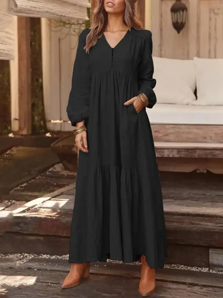 Vintage Cotton Linen Long Sleeve Dress Women Casual Autumn Maxi Robe V Neck Tiered Loose Vestido