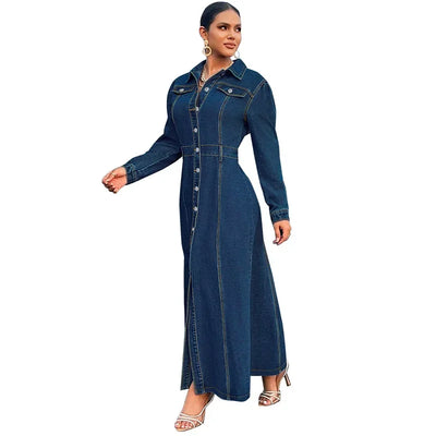 Denim Dress Women Long Dresses Spring Turn Down Collar Elegant Work Splice Vestidos Single Breasted A Line Y2k Tops Streetwear