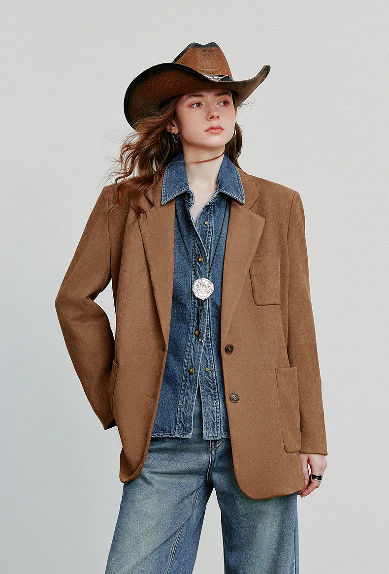 TOYOUTH Women Blazer 2025 Autumn New Barn Style Retro Brown Suede Lightweight Lapel Collar Single Breasted Button Suit Coat