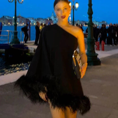 Women Elegant Club Dress Mujer Sexy One Shoulder Sleeve Feather Hem Cloak Dress Autumn Winter Ladies Party Loose Backless Dress