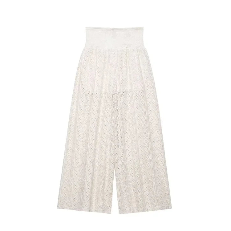 TRAF Women Lace Trousers Embroidery Hollow Out Simple Women's Pants Elastic Waist Loose Pants Female Wide Leg Pants