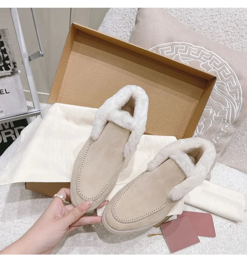 Fur Ankle Boots Women's Cow Suede Loafers High Quality 2025 Winter Flat Shoes Fur Integrated Warm Snow Boots