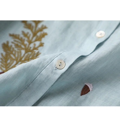 Summer Seven Point Cotton Linen Embroidered Shirt for Women 2024 New Literary Loose Temperament Lapel Casual Top for Women