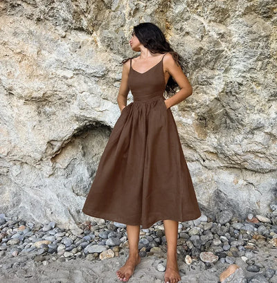 Cotton Linen Solid Color Spaghetti Strap Dresses Women Fashion Leace-up V-neck Backless Beach Vacation Long Dress Female New