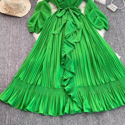 Women's V Neck Ruffles Splice Lantern Sleeve High Stretch Oversized Dresses Miyake Maxi Pleated 2025 Spring Long Party Clothing