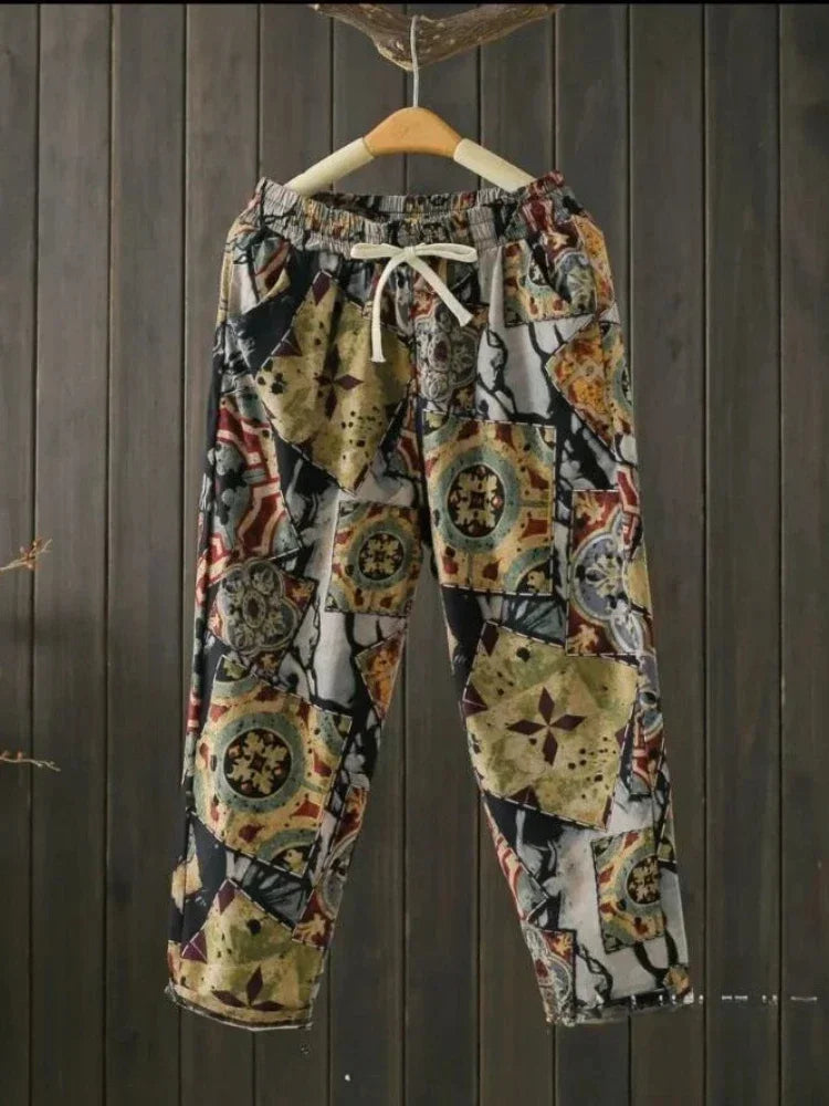 Fashion Printed Cotton Linen Harem Pants for Women 2025 Summer Casual High Waist Calf-Length Loose Trousers Female Streetwear