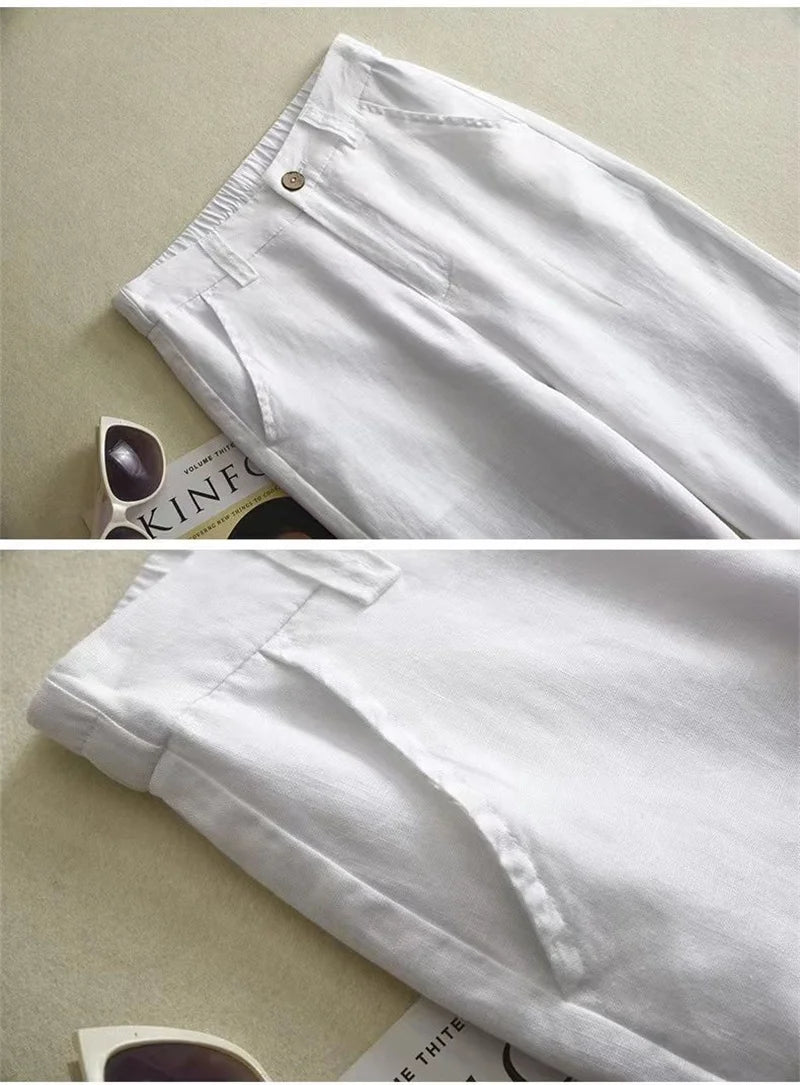 Women's Cotton Linen Straight Trousers Elastic High Waist Wild Wide Leg Pants Female Spring Summer Solid Color Loose Linen Pants