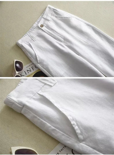 Women's Cotton Linen Straight Trousers Elastic High Waist Wild Wide Leg Pants Female Spring Summer Solid Color Loose Linen Pants