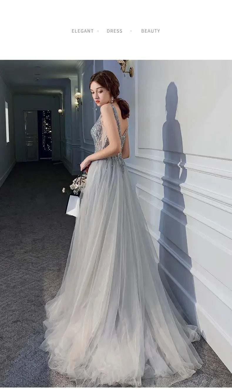 Women's Evening Dresses Sexy V-neck Luxury Formal Party Gown Backless Beads Sequins Tulle Side Split Banquet Evening Dress
