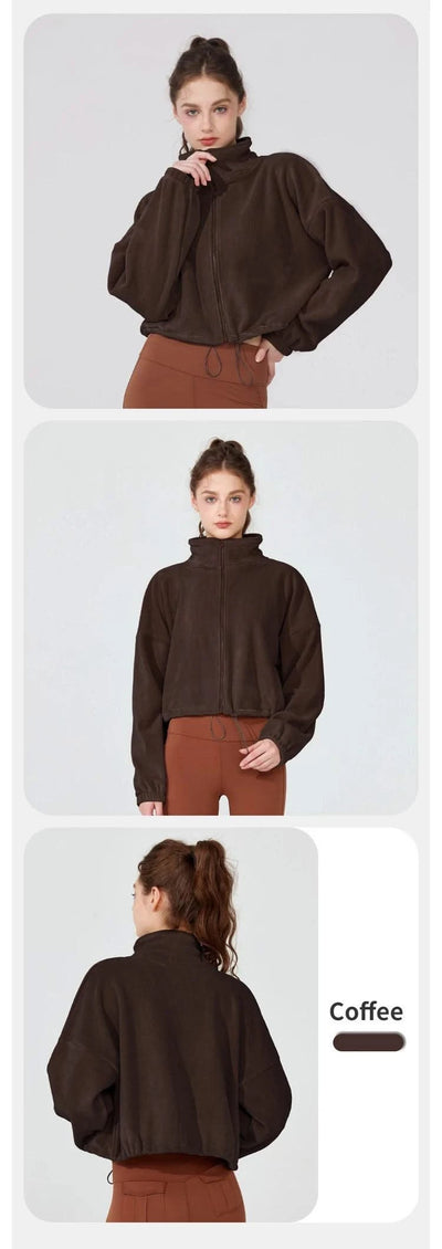 Women's Fleece Short Jacket Full Zip Stand Collar Warm Winter Sherpa Crop Coats with Drawstring Hem Gym Fitness Sports Clothing