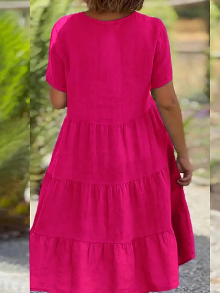 2025 Summer Dress for Women New Fashion Short Sleeve V Neck Evening Party Dresses Casual Loose Knee Length Dress Robe