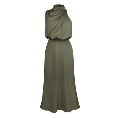 2025 Spring/Summer Long Dress for Women High Waist Halter Satin Sleeveless Dress Fashion Elegant Solid Evening Party Dresses