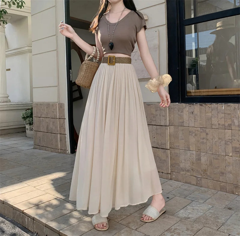 2025 New High Waisted Cotton Linen Pleated Midi Skirt – Summer Flowy A-Line Maxi Skirt for Women, Breathable & Elegant
