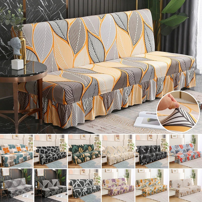 1/2/3Seater Sofa Bed Cover with Skirt Elastic Printing Seat Cover Armless Sofa Bed Cover Sofa Covers for Living Room Home Decor