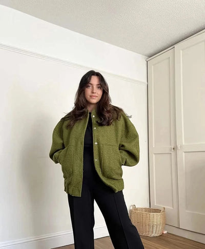 Woman's Oversized Bomber Jacket Autumn New Round Neck Long Sleeve Pocket Hidden Button Loose Jackets Coat Female Outerwear