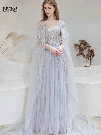 MYMB Arabic A-Line Women's Formal Engagement Dresses Gorgerous Beaded Wedding Prom Party Gown with Feathers Cape Shawl DKN0304