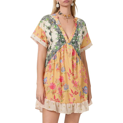 Women Summer Babydoll Dress Bohemian Holiday Vintage Floral Print Short Sleeve Deep V-Neck Flowy Dress with Pockets
