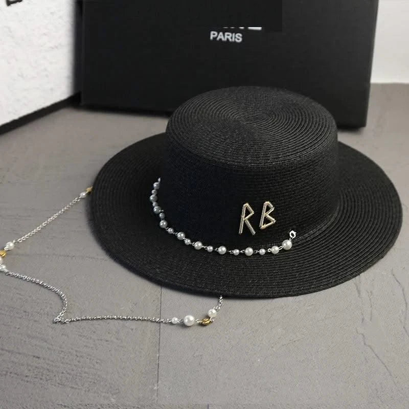 New Women Summer Hats Straw Sun Hat Panama Elegant Straw Fedoras Lady Girl Outdoor Vacation with Pearl Chain Sunshade Beach Hat