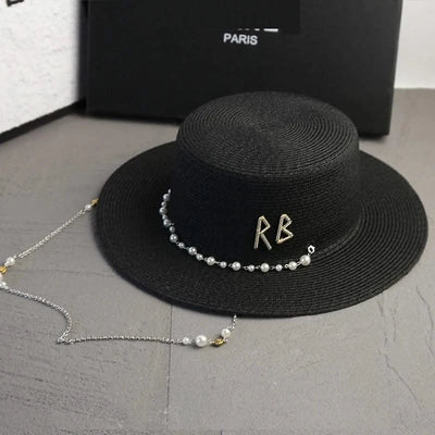 New Women Summer Hats Straw Sun Hat Panama Elegant Straw Fedoras Lady Girl Outdoor Vacation with Pearl Chain Sunshade Beach Hat