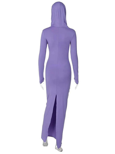 Hooded Long Dress For Women Y2k Clothes Sexy Streetwear Long Sleeve Bodycon Vestidos De Mujer Solid Robe Femme Été Back Split