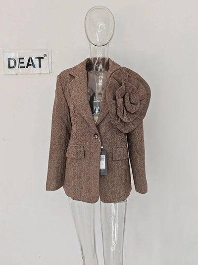 DEAT Fashion Women's Blazer Notched 3D Flower Decorate Twill Woolen Fabric Single Button Suit Jackets Summer 2024 New 1DH5936