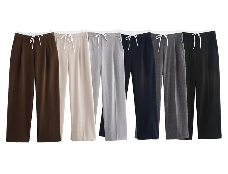 Wide Leg Pants For Women Straight Autumn Coffee Tie Up Casual Trousers Women Gray Loose Pants Ladies Black Trousers Office
