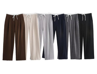 Wide Leg Pants For Women Straight Autumn Coffee Tie Up Casual Trousers Women Gray Loose Pants Ladies Black Trousers Office