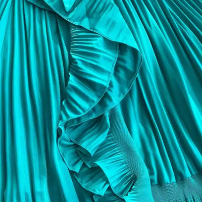 Women's V Neck Ruffles Splice Lantern Sleeve High Stretch Oversized Dresses Miyake Maxi Pleated 2025 Spring Long Party Clothing
