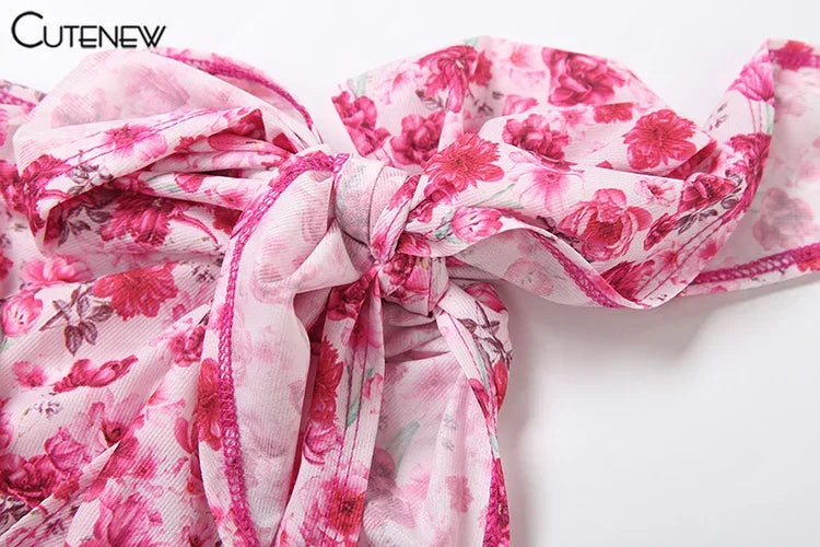 Cutenew Floral Print Women Midi Dresses Fashion Incline Shoulder Bandage Ruffle Splited Vestidos Female Vacation Street Bodycon