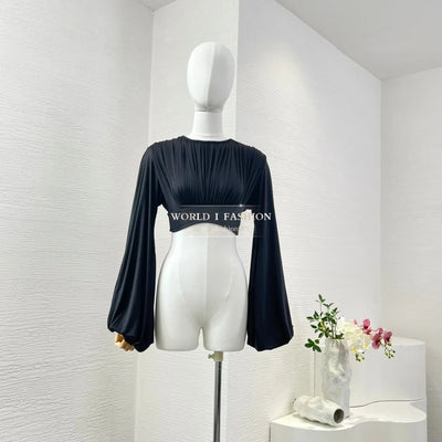 Woman Clothing Black Long Sleeve Blouse Tops and Midi Skirt Set