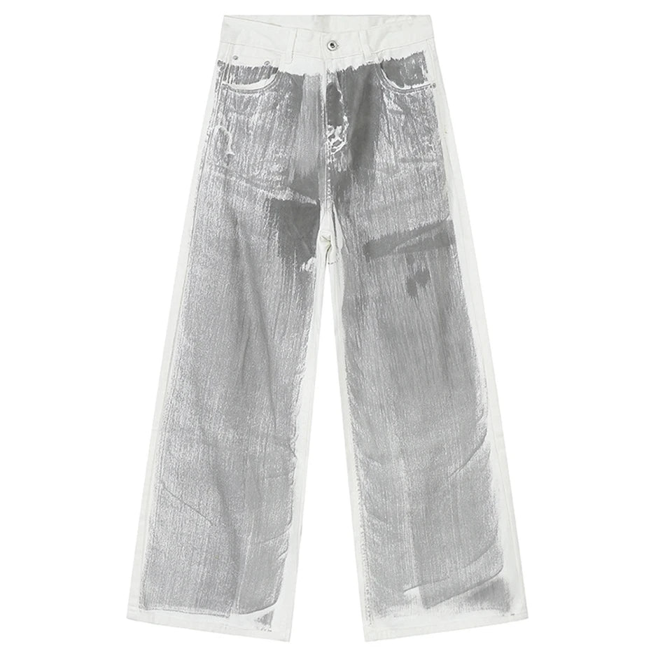 Men's White Baggy Jeans Dirty Printed Grunge Y2K Loose Straight Denim Pants Harajuku Oversized Streetwear Jeans Trousers Male